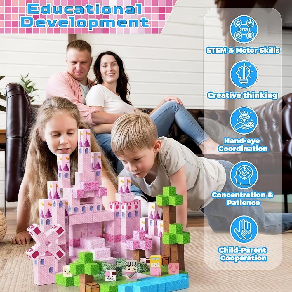 Non-Toxic Children Magnetic Building Set 100Pcs Free Build Pink Castle 3D Diy Creative Ornament Stem Educational Gift Holiday Present Box