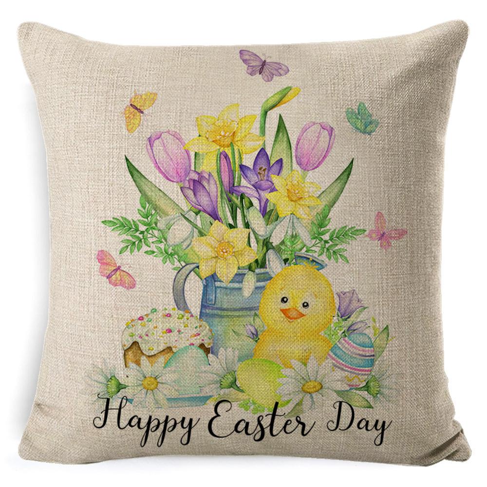 Cartoon Easter Pillow Cover Linen Watercolor Bunny Egg Home Sofa Cushion Cover