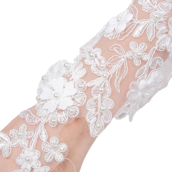 Luvas Longas de Renda Femininas Luvas de Noiva Sem Dedos com Alças para Dedos Pérolas Artificiais Elegantes Acessório de Luvas de Casamento para Chá da Tarde Baile Ópera Noite
