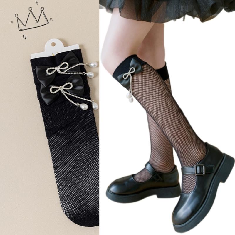 Pack of 1 Pair Girls Breathable Mesh Knee Length Socks Bowknot Accent Socks Stretchy Comfort for 3-10Y Kids