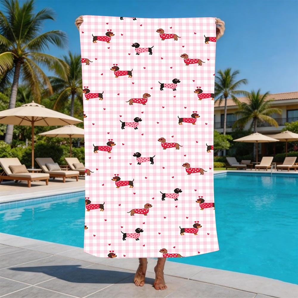 Pink Gingham Heart Dachshund All Over Print Beach Towel Sand Resistant Pool Towel Summer Holiday Swim Outdoor Beach Essential