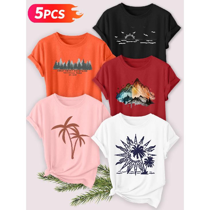 Five-piece set Elegant short-sleeved shirt for women Island Sunshine Series Printed Round Neck Women's Short Sleeve Shirt Suitable for Spring and