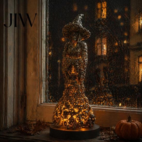 Decorative Witch Hat Skull Skeleton Resin Figurine, Halloween Gothic Statue, Spooky Realistic Bone Texture Sculpture Fantasy Ornament for Desk,