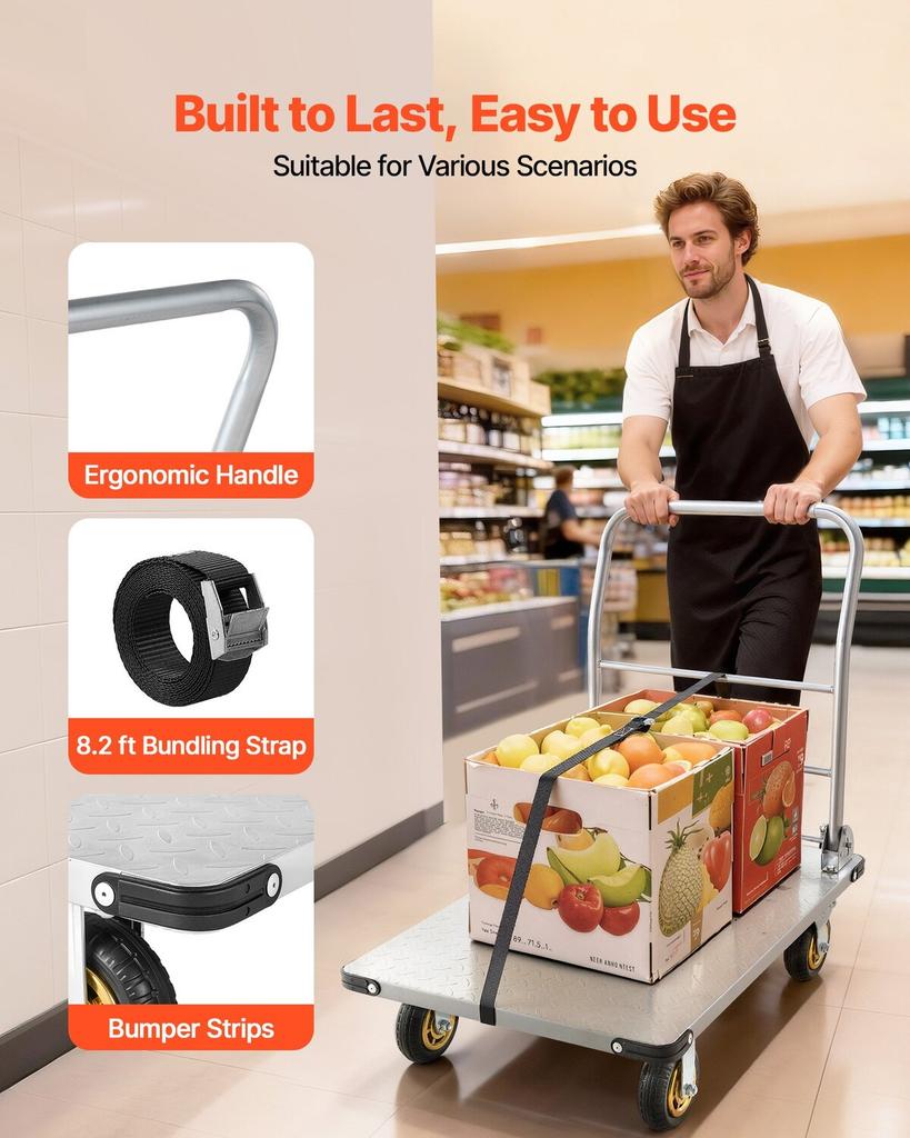 Platform Truck, 907.18 Kg Capacity, Heavy Duty Steel Flatbed Cart with Swivel Wheels and Handle, Foldable Platform Hand Push Truck Dolly, for