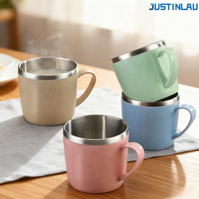 Double Layer Anti-scalding Stainless Steel Cups Plastic Handle Coffee Milk Mug Tea Drinks Water Cup for Home Office Tumbler