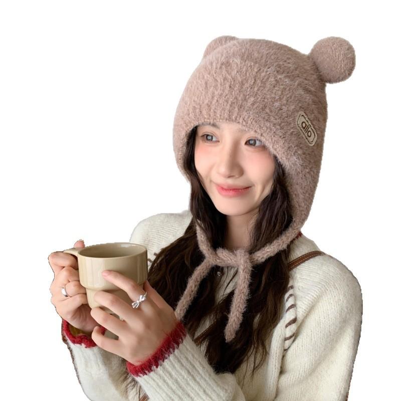 Cute Bear Ears Knitted Plush Hat for Women Autumn and Winter Warm Ear Protection Bag Head Hat Large Head Circumference Casual Windproof