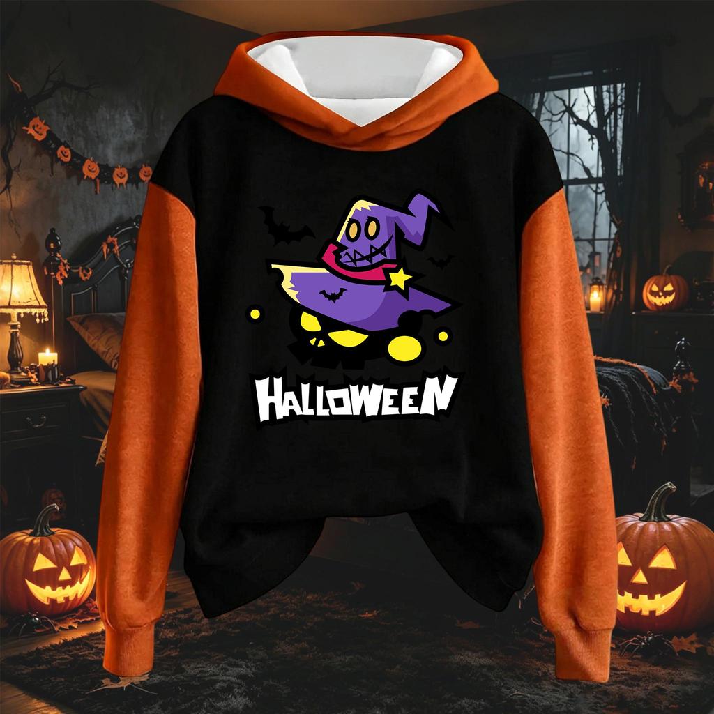 Women's Fashion Long Sleeve Hoodie with Halloween Print Drawstring Pullover