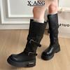 Cowhide version battle damage venom boots big tube circumference knight boots thick heel thick sole heightening boots but knee high boots children