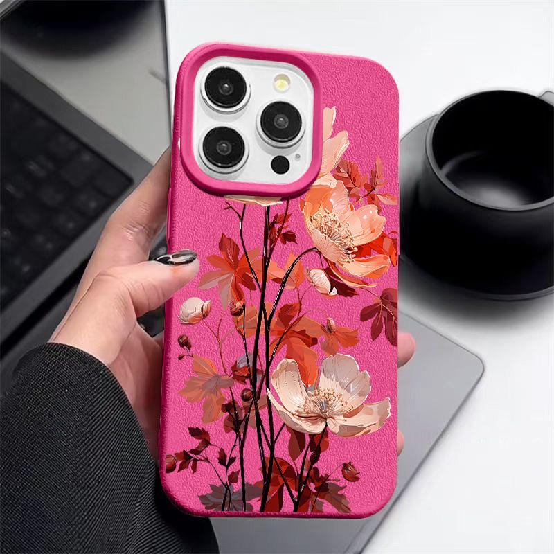 Handyhülle mit rosa Blumenmuster, Lederstruktur für iPhone 16 Pro 15 14 13 12 Pro Max, stoßfest, matt, schlank, einfarbig, TPU, weich, sturzsicher