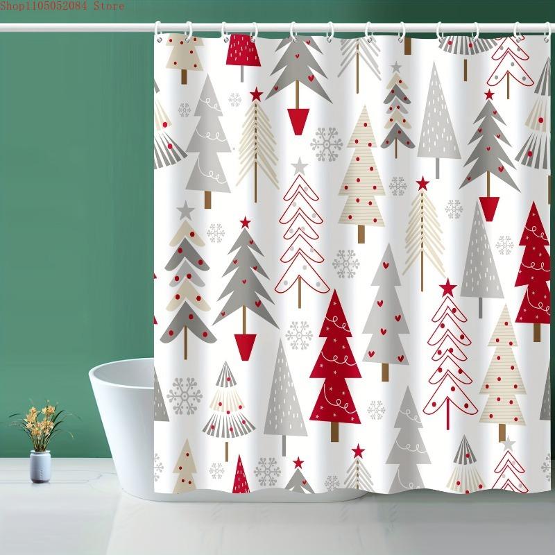 1pc festive red white christmas shower curtain cute tree   -   With Hooks Waterproof Mildew Proof Easy Install Washable