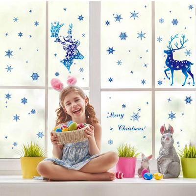 Christmas Window Sticker Blue Snowflake Sticker Xmas Deer Elk Glass Window Decoration Christmas Supplies Noel Wall Sticker