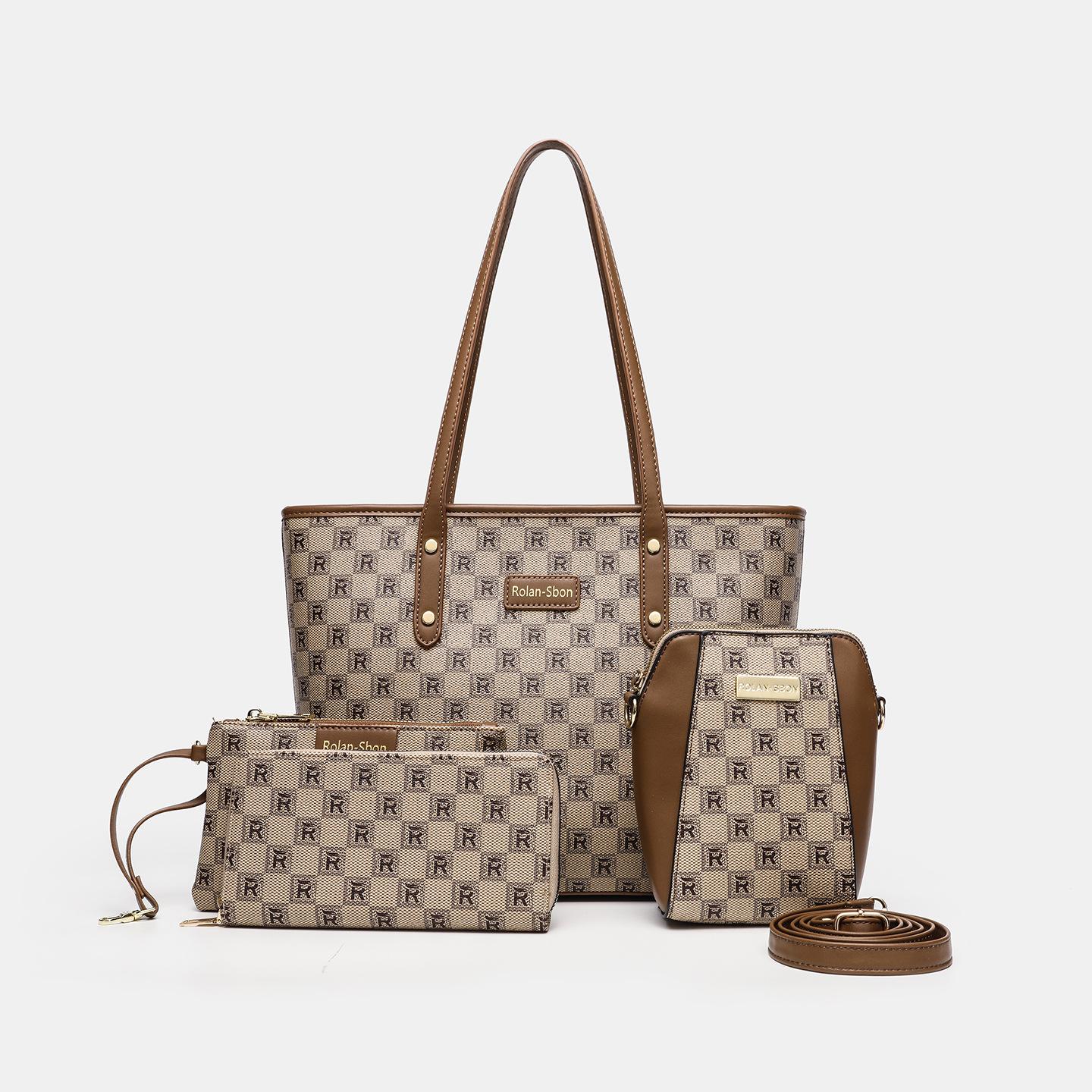 Branded women s bag, large-capacity tote bag, vintage checkered pattern shoulder bag, two-piece set, casual large bag manufacturer Khaki checkered pattern-R