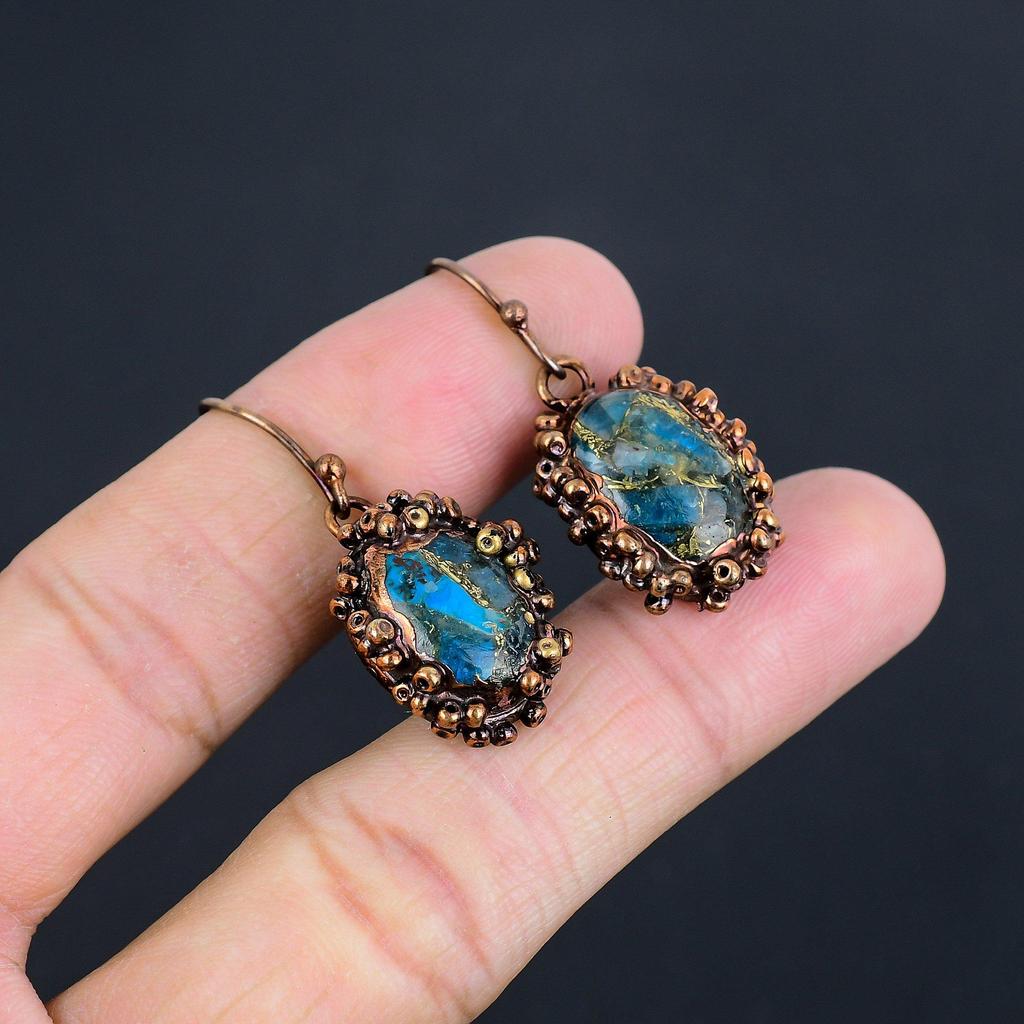 Copper Neon Blue Apatite Copper Electroformed Earrings, Handmade Gemstone Earrings Jewelry, Gifts For Wife Brand New Earrings