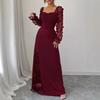 Women's Elegant Square Neck Bubble Long Sleeve Mesh Insert Jacquard Maxi Dress 3D Slimming A-Line Swing Long Dress