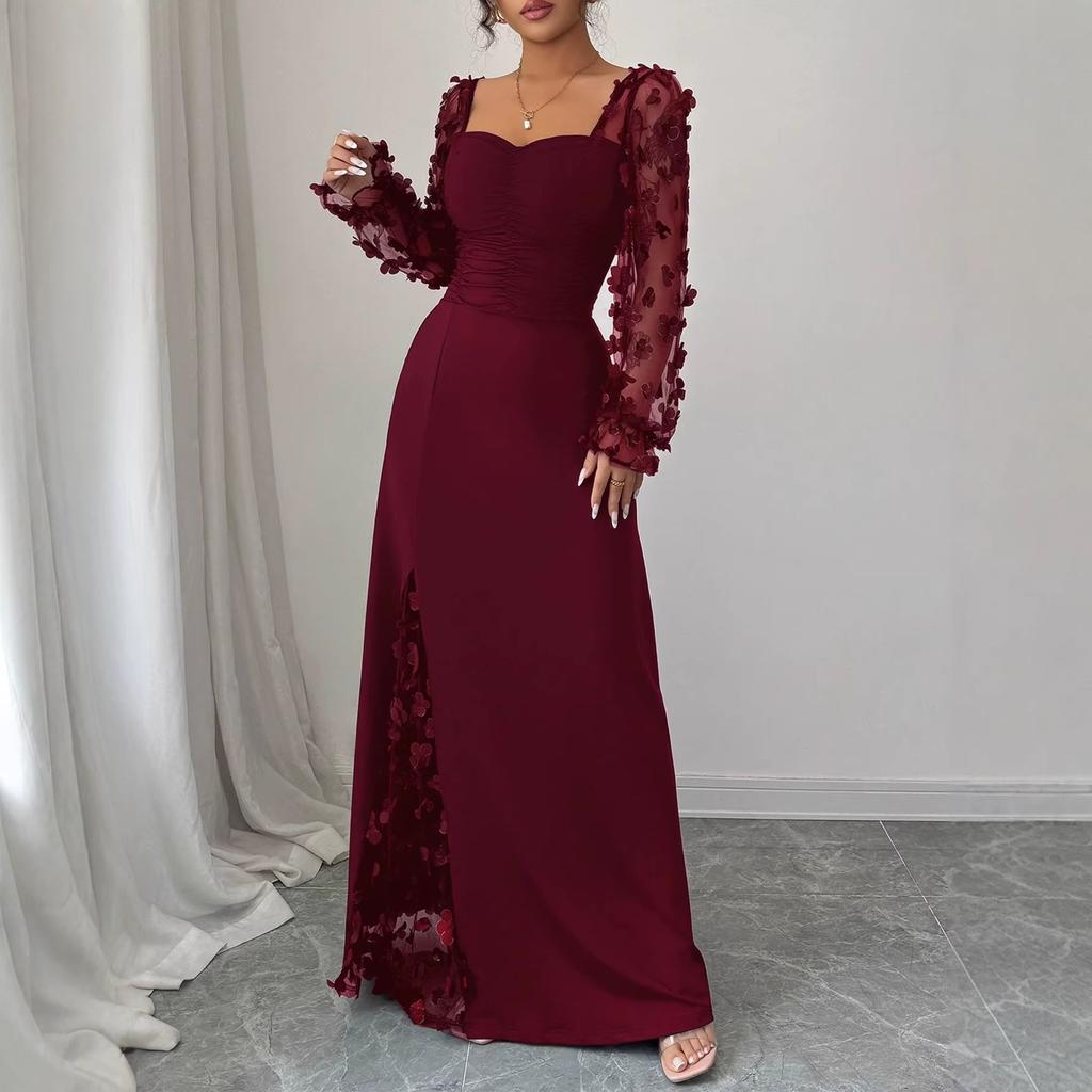 Women's Elegant Square Neck Bubble Long Sleeve Mesh Insert Jacquard Maxi Dress 3D Slimming A-Line Swing Long Dress