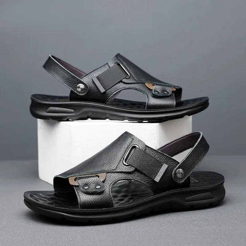 Fashion Men's  Dual-purpose Leather Men's Summer Fashionable Beach Shoes with Soft Soles and One-piece Sandals for External Wear