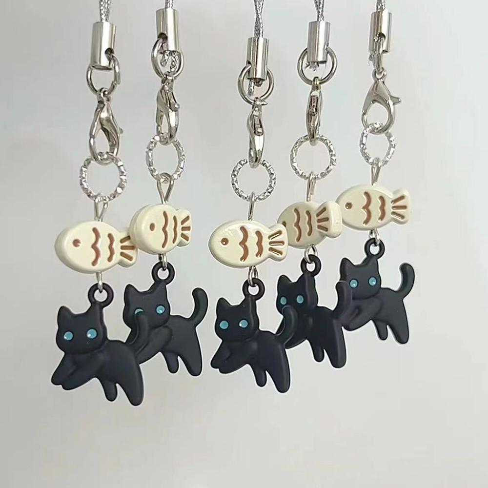 Porte-clés Chat Noir Mignon Chaîne de Téléphone Portable Dessin Animé Pendentif pour Appareil Photo Écouteurs Chaîne Décorative de Sac Porte-clés Kawaii Accessoires