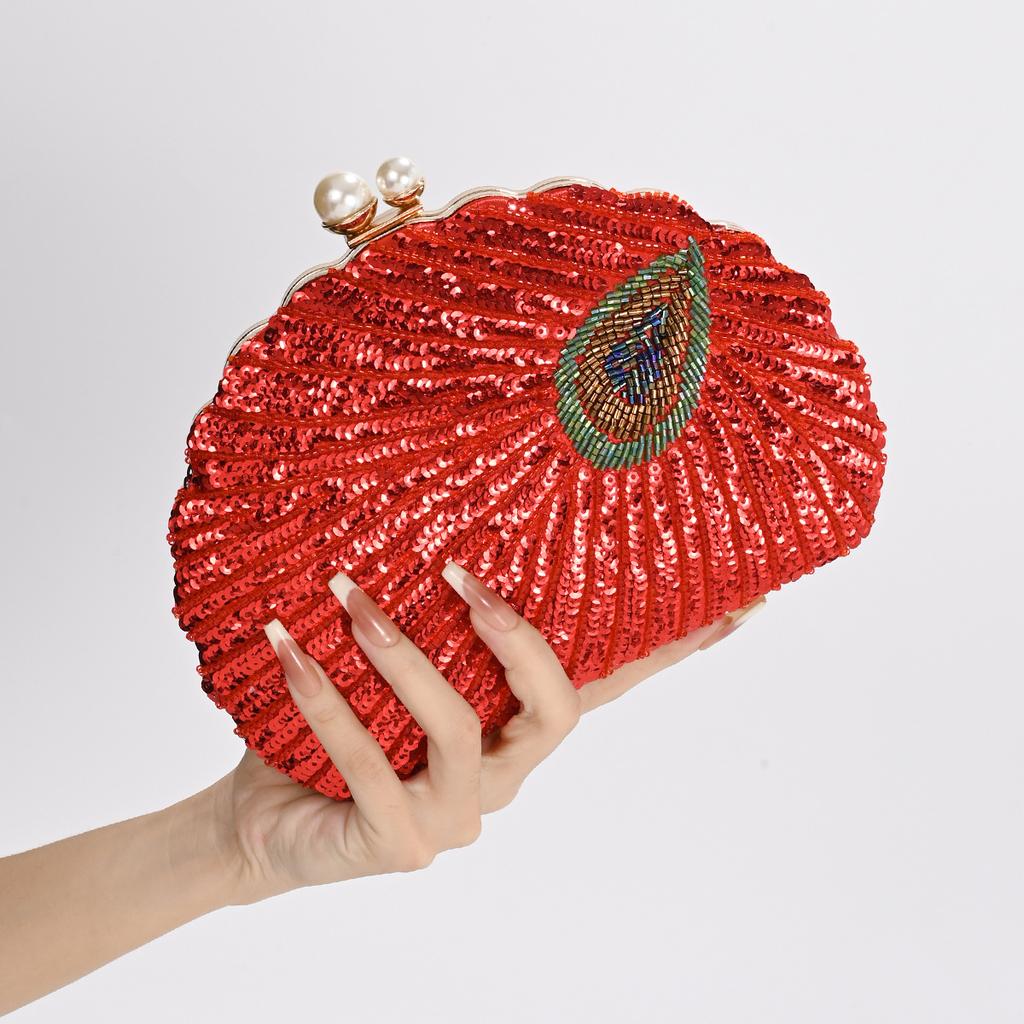 Shell Shape Women's Clutch Bag Sequin Purses and Handbags Luxury Designer Retro Embroidery Evening Bag Female Party Handbag