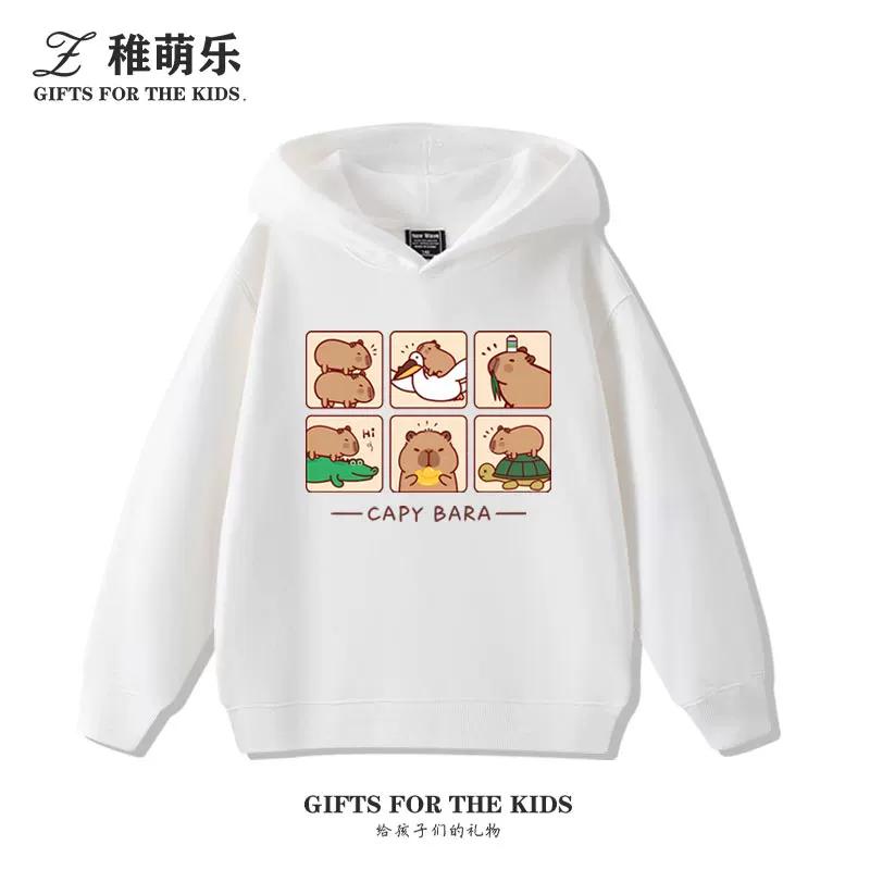 Sudadera con capucha infantil con estampado de capibara, otoño e invierno, para niños y niñas, forrada de felpa, versátil y a la moda.