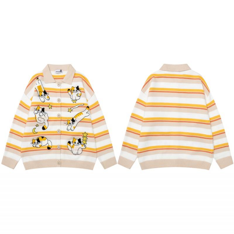 Amerikanischer Retro Cartoon Katze Gestickter Strickcardigan Lockere Passform Herren Damen Paare