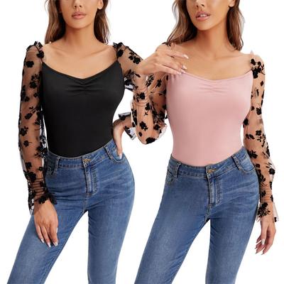 Blusa de Encaje de Manga Larga para Mujer Camisa Casual Slim para Dama Tops Mangas de Encaje