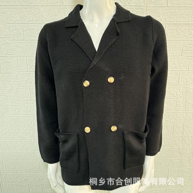Men's Dark Blue Double Breasted Knit Cardigan with Gold Buttons, Thick Textured Fabric