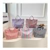This Water-Resistant Pvc Tote Bag Features A Pink And Blue Striped Design, A Large Capacity, And Is Suitable For Beach Shopping,