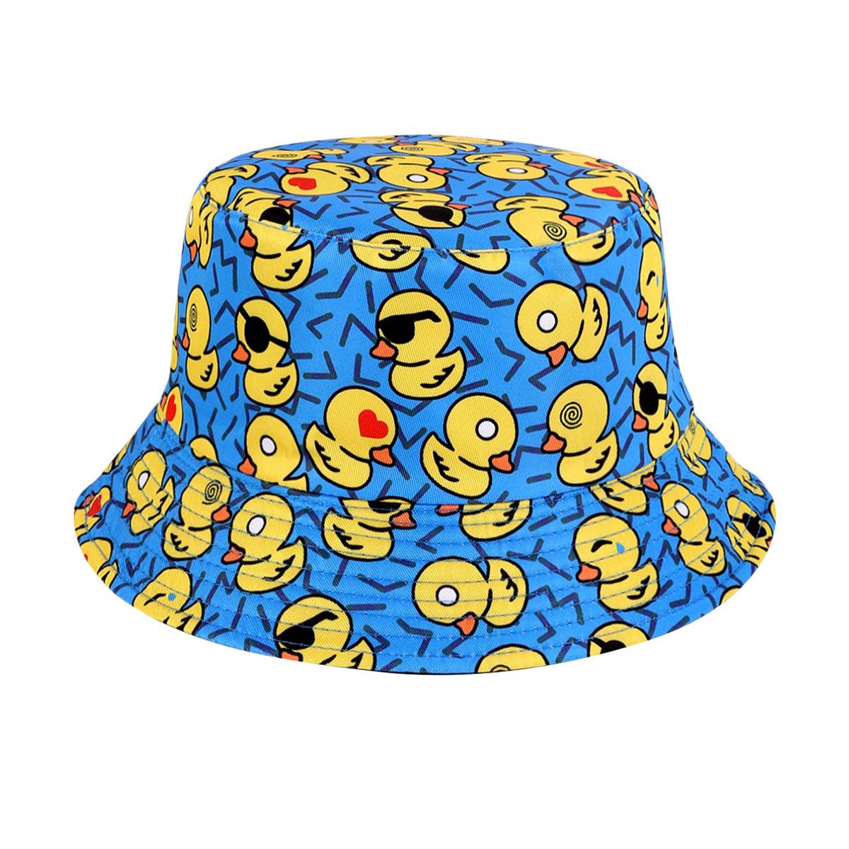 Chapeau seau décontracté à imprimé intégral canard tendance, Chapeau seau à motif dessin animé, Chapeau pliable réversible léger à dessus plat, Chapeau de soleil décontracté unisexe (Blue,One Size) bleu