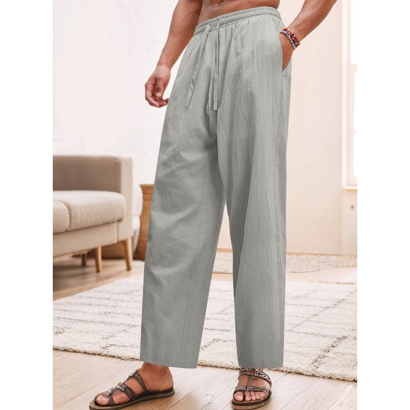 Męskie lniane spodnie Lekkie ze sznurkiem Elastyczna talia Luźny krój Proste nogawki Spodnie z kieszeniami Oddychające Plażowe do jogi do pracy Lniane spodnie dla mężczyzn