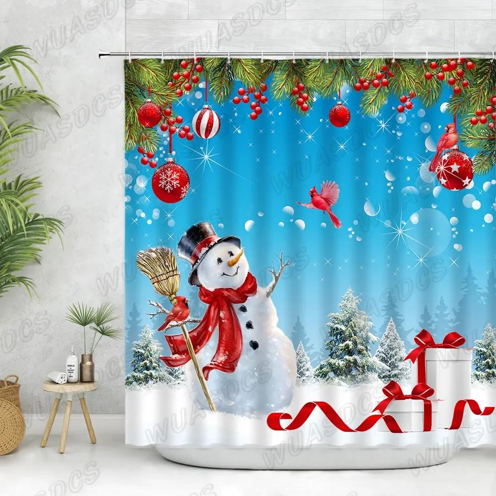 Weihnachtskugel Kiefer Duschvorhangsets Vintage Roter Truck Weihnachten Schneemann Winter Neujahrsgeschenk Badezimmerdeko Badvorhänge