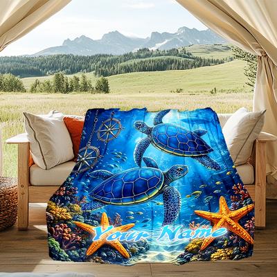 1PC Custom Name Oceanic Turtle Adventure Flannel Blanket Versatile,all-season Throw Suitable for the Living Room,bedroom,camping,travel,and Gift