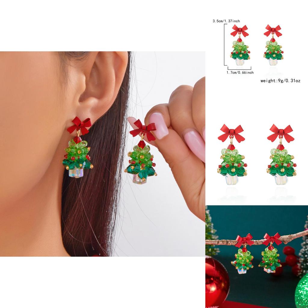 Christmas Tree Earrings Girls Alloy Red Bow Sparkling Jewelry With Holiday Style For Women