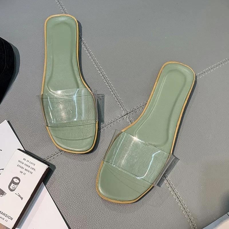 Fashion New Summer Women'S Simple Crystal Slippers Woman Transparent Flat Open Toe Solid Color One-line Beach Slippers Female Sandals