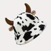 [Cow Print Plush Hat] Black And White Cow Print Plush Hat, Cute Horn Thickened Warm Beanie, Fashionable Versatile Fisherman Cap