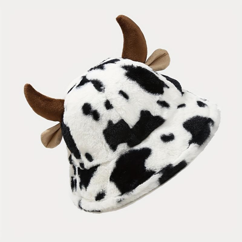 [Cow Print Plush Hat] Black And White Cow Print Plush Hat, Cute Horn Thickened Warm Beanie, Fashionable Versatile Fisherman Cap