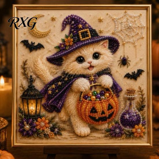 Cute Pet Themed Home Accents Halloween Witch Hat Cat DIY 3D Pearl Painting Kit with Frame, Hand-Pasted Art Craft for Adults, Relaxing Creative