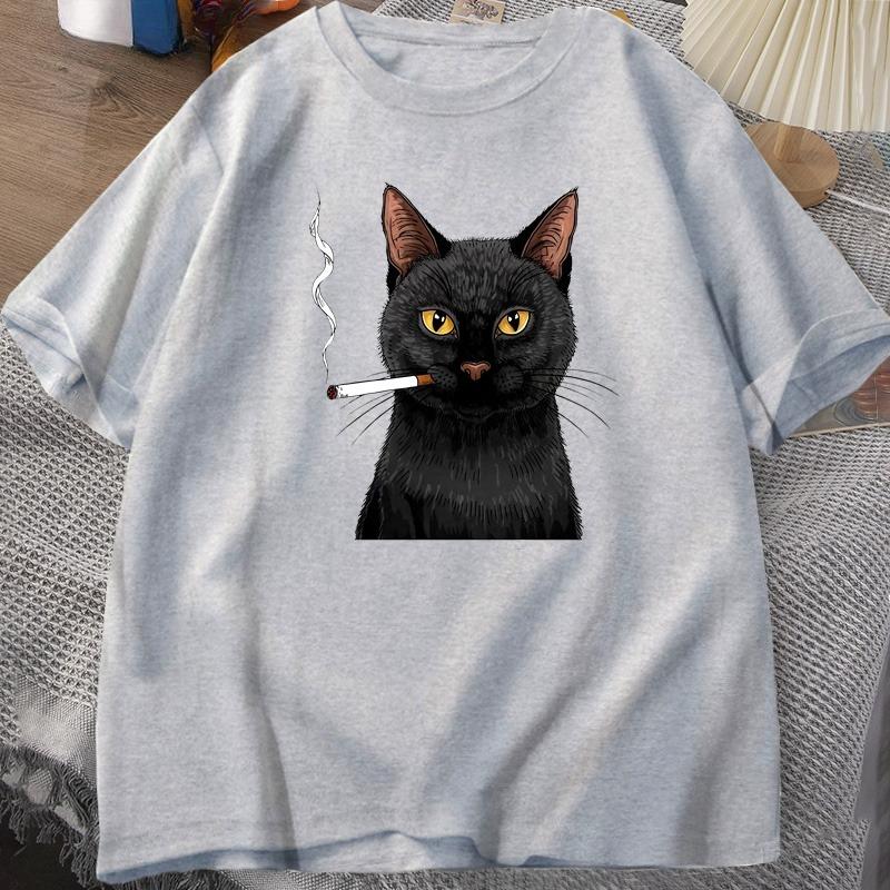 Smoking Cat TShirt Unisex Funny Y2K Vintage Trendy Streetwear Graphic T Shirt Edgy Cat Lover Tshirt Round Neck Short Sleeved Tee