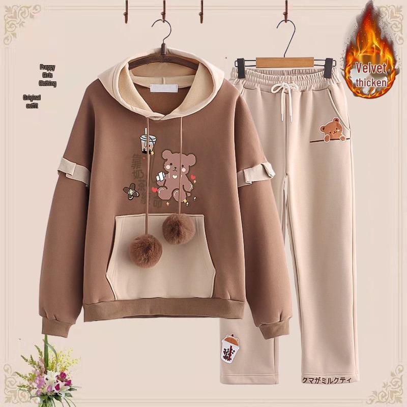 Podzimní/Zimní Sametová Zesílená Dvoudílná Sada pro Dívky (Věk 12-15): Mikina a ležérní sportovní oblečení