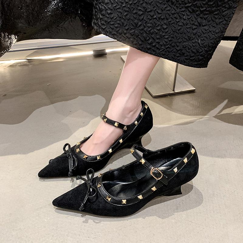 Pointed Suede Ankara Red One-Buckle with Mary Jane Women's Shoes 2025 Bow Heel Leather High Heels