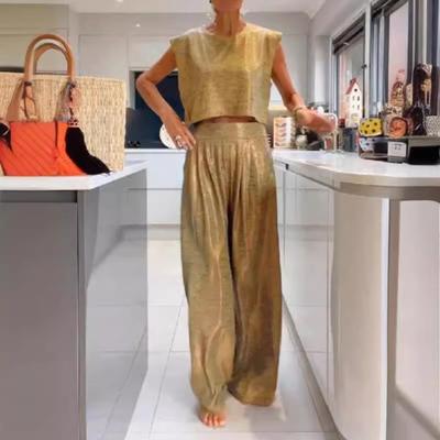 Yousheng Women's Two-Piece Glossy Suits Round Neck Sleeveless Crop Top Wide Leg Pants Set Casual Loose Outfit Lounge Set