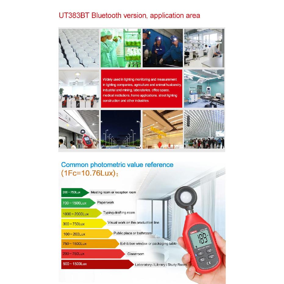 UNI-T UT383 UT383BT Mini Light Meter Digital Professional Luxometer 199900Lux 18500FC Illuminometer Photometer Light Lux Meter