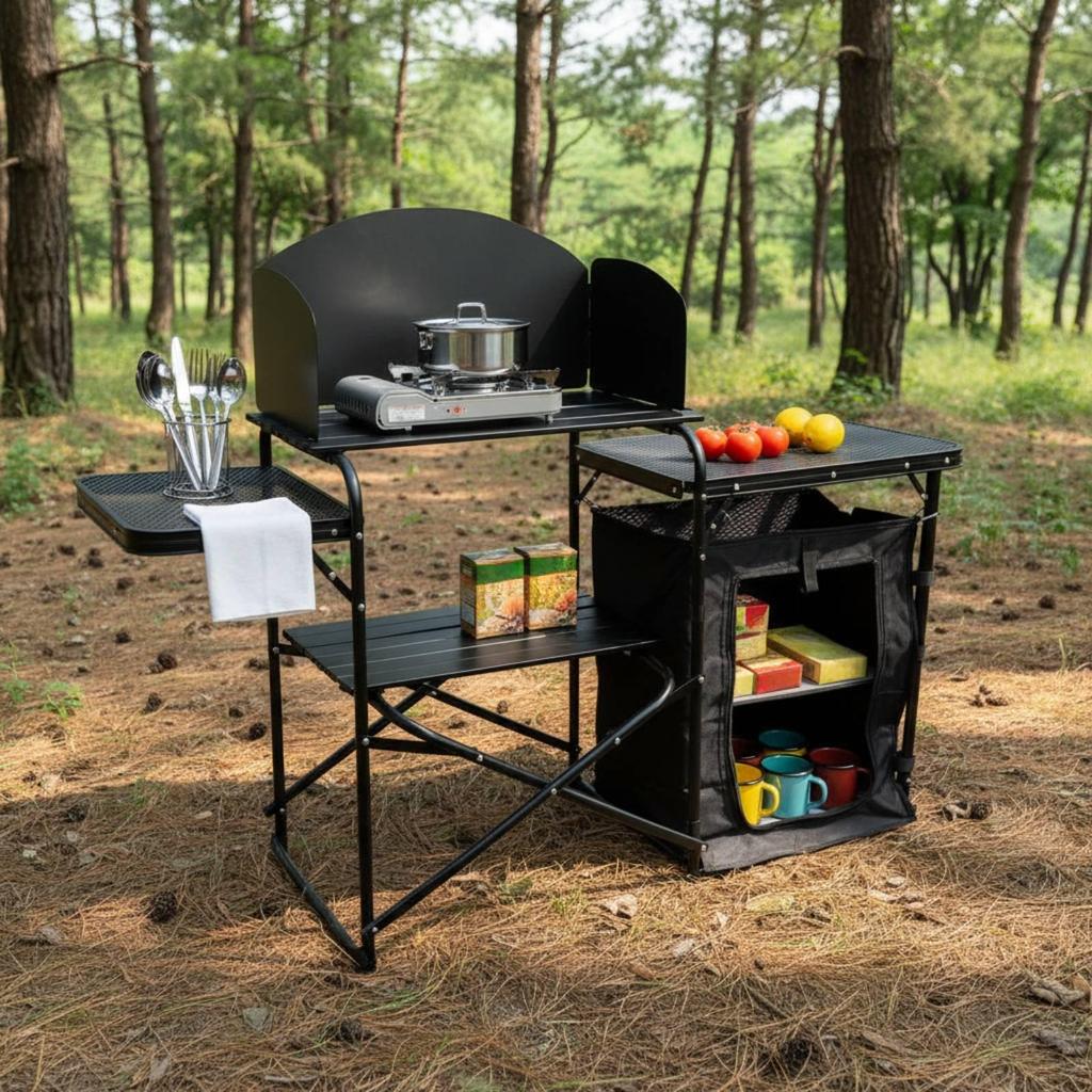 Folding Camp Table with Storage Multi-Functional Aluminum Outdoor Cooking
