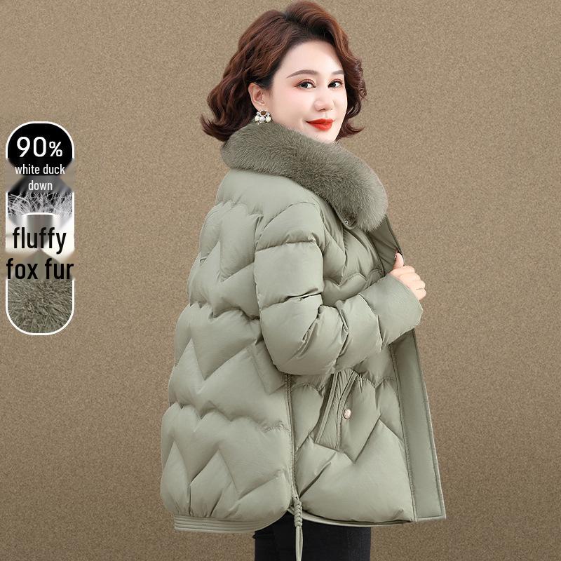 

Mom s Chic Winter White Duck Down Coat with Fox Fur Collar - Warm Jacket for Middle-Aged and Elderly Women 4XL (150-165 jin)