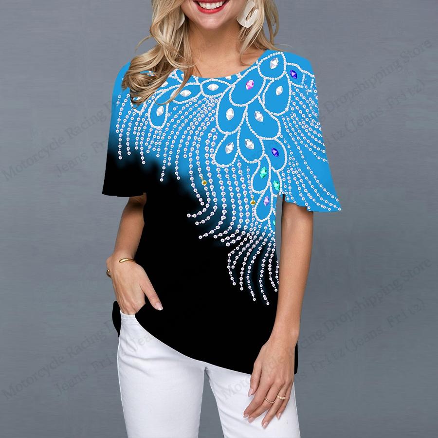 

New Vintage Blue Pattern 3d Print Ethnic T-shirt Women Fashion O-Neck Short Sleeve Oversized Casual Tops Tees Female Clothes Y2K S