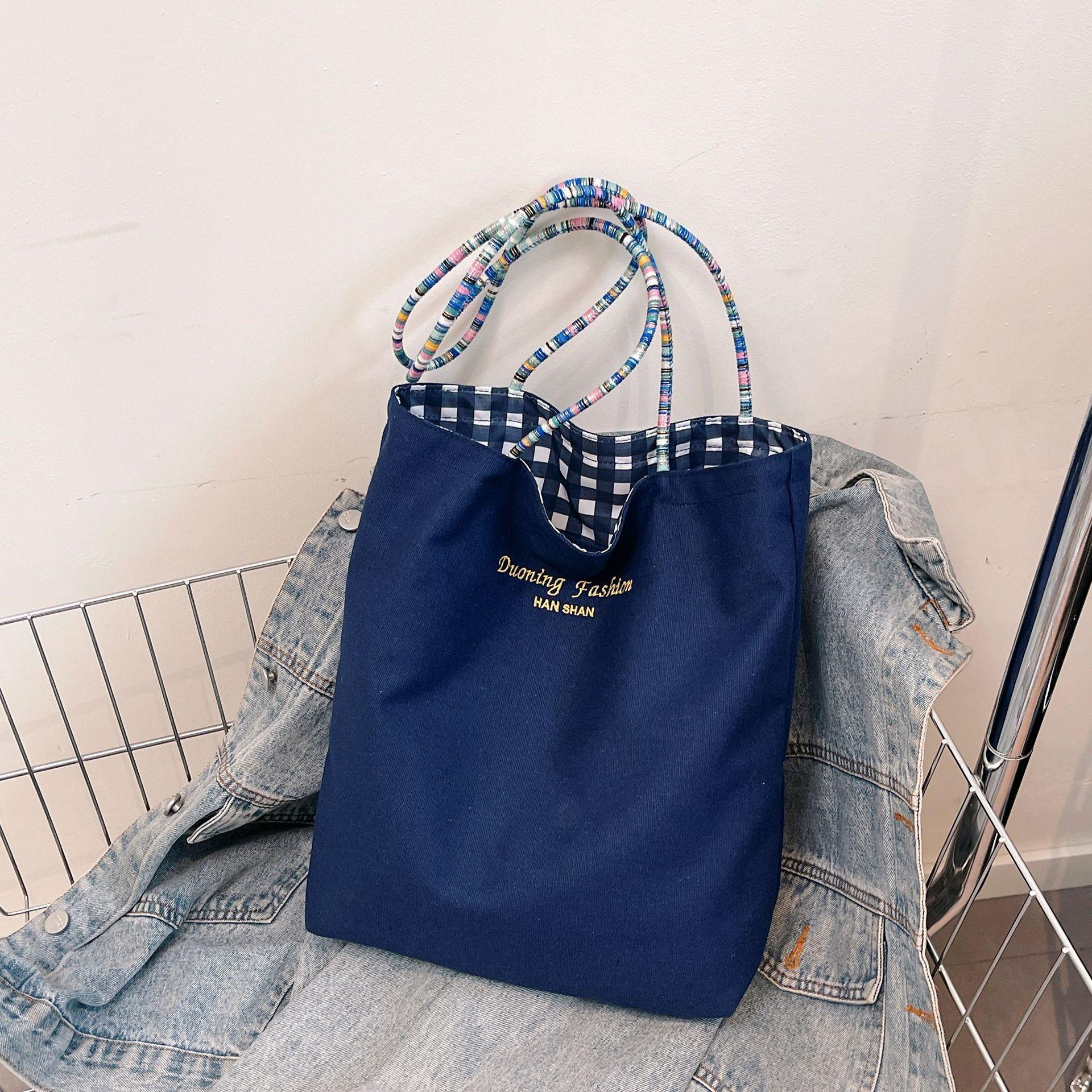 

Красная клетчатая двусторонняя сумка через плечо женская 2025 новая портативная холщовая сумка большой вместимости ретро сумка-тоут синий