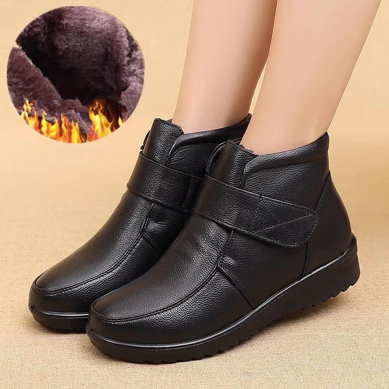 Winter Women Genuine Leather Flat Casual Ankle Boots Female Thick Plush Warm Snow Boots Mother Waterproof Non-slip Booties