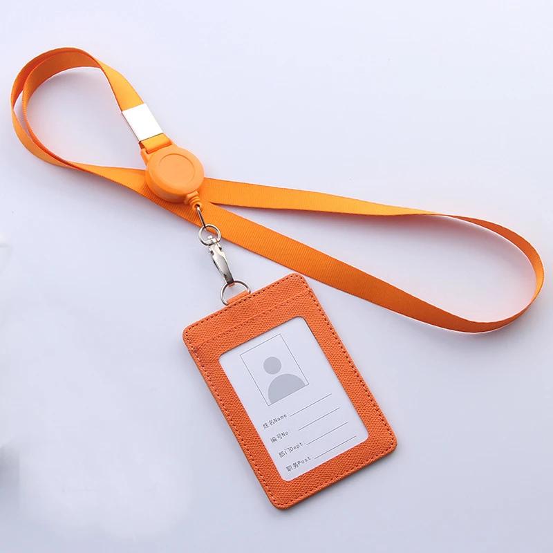 Retractable Lanyards ID Badge Holder Leather Bank Bus Pass Card Case Cover Men Women's Bank Credit Card Holder Strap Cardholder