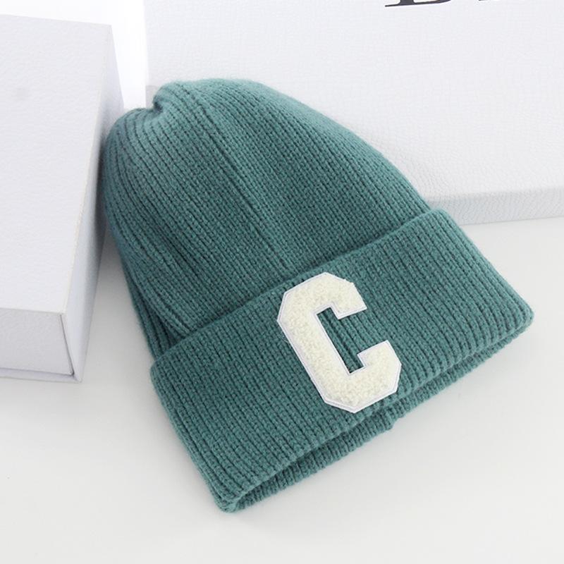 New Wool Hat Women's Autumn and Winter Warm Letter C Pullover Hat Student Solid Color Knitted Hat
