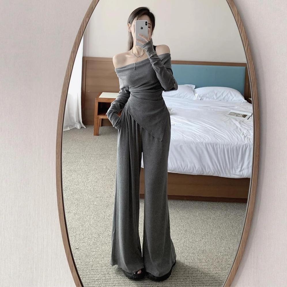 Premium temperament suit, one-word shoulder long-sleeved top, spring and autumn lazy style wide-leg pants, irregular two-piece suit for women
