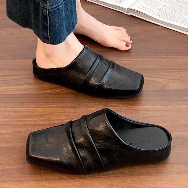 Soft pleated ballet shoes for men and women of the same style, Mueller shoes, square head leather shoes, flat shoes, commuter outer slippers